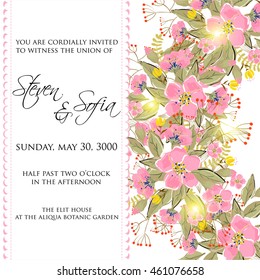 Wedding invitation or card with tropical floral background. Greeting postcard in grunge retro vector Elegance pattern with flower rose illustration vintage style Valentine's day card Luau Aloha