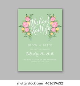 Wedding  invitation or card  with tropical floral background. Greeting postcard in grunge retro vector Elegance pattern with flower rose  illustration vintage style Valentine's day card Luau Aloha 