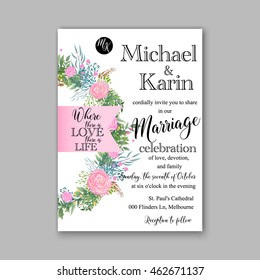 Wedding invitation or card with tropical floral background. Greeting postcard in grunge retro vector Elegance pattern with flower rose illustration vintage style Valentine's day card Luau Aloha