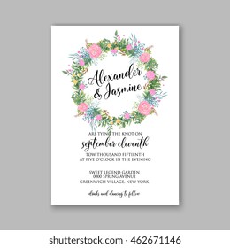 Wedding invitation or card with tropical floral background. Greeting postcard in grunge retro vector Elegance pattern with flower rose illustration vintage style Valentine's day card Luau Aloha