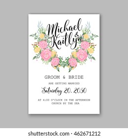 Wedding invitation or card with tropical floral background. Greeting postcard in grunge retro vector Elegance pattern with flower rose illustration vintage style Valentine's day card Luau Aloha