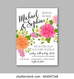 Wedding invitation or card with tropical floral background. Greeting postcard in grunge retro vector Elegance pattern with flower rose illustration vintage chrysanthemum Valentine day card Luau Aloha 