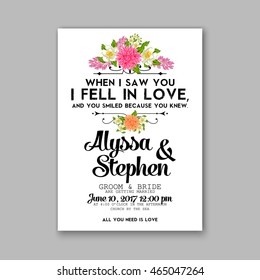 Wedding invitation or card with tropical floral background. Greeting postcard in grunge retro vector Elegance pattern with flower rose illustration vintage chrysanthemum Valentine day card Luau Aloha 