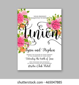 Wedding invitation or card with tropical floral background. Greeting postcard in grunge retro vector Elegance pattern with flower rose illustration vintage chrysanthemum Valentine day card Luau Aloha 