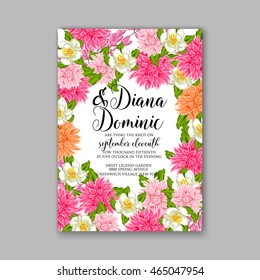 Wedding invitation or card with tropical floral background. Greeting postcard in grunge retro vector Elegance pattern with flower rose illustration vintage chrysanthemum Valentine day card Luau Aloha 