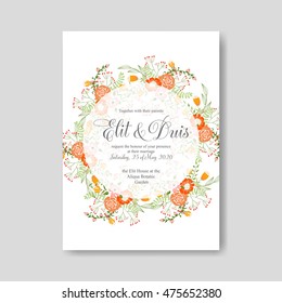 Wedding invitation or card with tropical floral background. Greeting postcard in grunge retro vector Elegance pattern with flower rose illustration vintage style Valentine's day card Luau Aloha