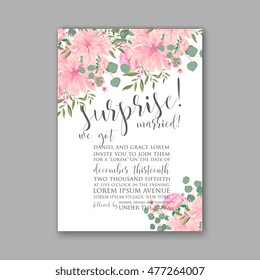 Wedding invitation or card with tropical floral background. Greeting postcard in grunge retro vector Elegance pattern with flower rose illustration vintage chrysanthemum Valentine day card Luau Aloha