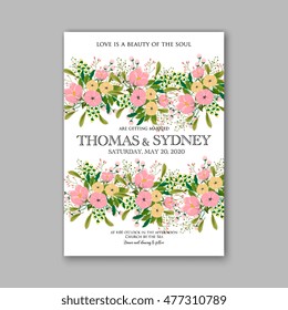 Wedding invitation or card with tropical floral background. Greeting postcard in grunge retro vector Elegance pattern with flower rose illustration vintage chrysanthemum Valentine day card Luau Aloha