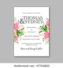 Wedding invitation or card with tropical floral background. Greeting postcard in grunge retro vector Elegance pattern with flower rose illustration vintage chrysanthemum Valentine day card Luau Aloha