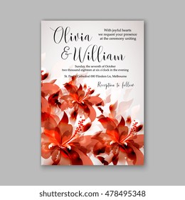 Wedding invitation or card with tropical floral background. Greeting postcard in grunge retro vector Elegance pattern with flower rose illustration vintage chrysanthemum Valentine day card Luau Aloha