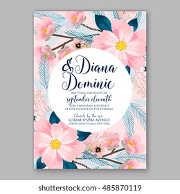 Wedding Invitation Or Card With Tropical Floral Background. Greeting Postcard In Grunge Retro Vector Elegance Pattern With Flower Rose Illustration Vintage Chrysanthemum Valentine Day Card Luau Aloha