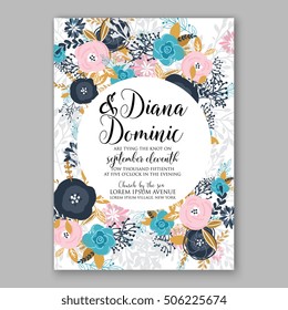 Wedding invitation or card with tropical floral background. Greeting postcard in grunge retro vector Elegance pattern with flower rose illustration vintage chrysanthemum Valentine day card Luau Aloha