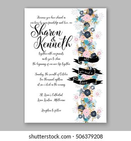 Wedding invitation or card with tropical floral background. Greeting postcard in grunge retro vector Elegance pattern with flower rose illustration vintage chrysanthemum Valentine day card Luau Aloha