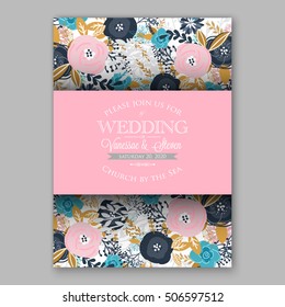 Wedding invitation or card with tropical floral background. Greeting postcard in grunge retro vector Elegance pattern with flower rose illustration vintage chrysanthemum Valentine day card Luau Aloha