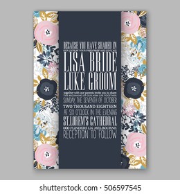 Wedding invitation or card with tropical floral background. Greeting postcard in grunge retro vector Elegance pattern with flower rose illustration vintage chrysanthemum Valentine day card Luau Aloha