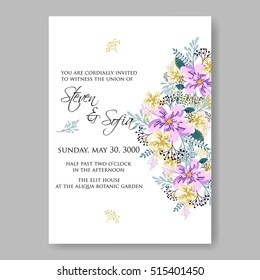 Wedding invitation or card with tropical floral background. Greeting postcard in grunge retro vector Elegance pattern with flower rose illustration vintage chrysanthemum Valentine day card Luau Aloha