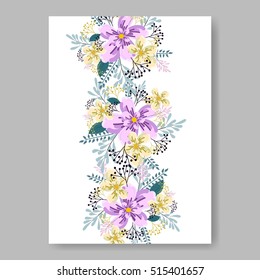 Wedding invitation or card with tropical floral background. Greeting postcard in grunge retro vector Elegance pattern with flower rose illustration vintage chrysanthemum Valentine day card Luau Aloha