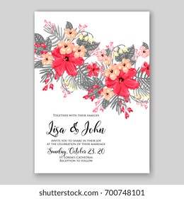 Wedding invitation or card with tropical floral background. Greeting postcard in grunge retro vector Elegance pattern with flower rose illustration vintage chrysanthemum Valentine day card Luau Aloha