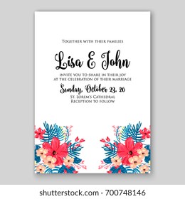 Wedding invitation or card with tropical floral background. Greeting postcard in grunge retro vector Elegance pattern with flower rose illustration vintage chrysanthemum Valentine day card Luau Aloha