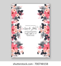 Wedding invitation or card with tropical floral background. Greeting postcard in grunge retro vector Elegance pattern with flower rose illustration vintage chrysanthemum Valentine day card Luau Aloha