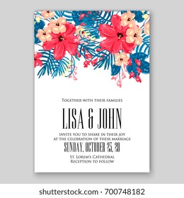 Wedding invitation or card with tropical floral background. Greeting postcard in grunge retro vector Elegance pattern with flower rose illustration vintage chrysanthemum Valentine day card Luau Aloha