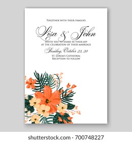 Wedding invitation or card with tropical floral background. Greeting postcard in grunge retro vector Elegance pattern with flower rose illustration vintage chrysanthemum Valentine day card Luau Aloha