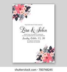 Wedding invitation or card with tropical floral background. Greeting postcard in grunge retro vector Elegance pattern with flower rose illustration vintage chrysanthemum Valentine day card Luau Aloha