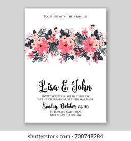 Wedding invitation or card with tropical floral background. Greeting postcard in grunge retro vector Elegance pattern with flower rose illustration vintage chrysanthemum Valentine day card Luau Aloha