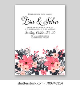 Wedding invitation or card with tropical floral background. Greeting postcard in grunge retro vector Elegance pattern with flower rose illustration vintage chrysanthemum Valentine day card Luau Aloha