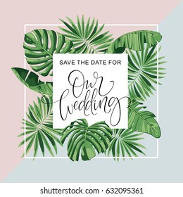 Wedding Invitation Card. Tropical Flowers Background. Banana. Save the Date. Vector Template. RSVP.