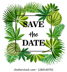 Wedding invitation card with tropical leaves.