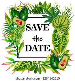 Wedding invitation card with tropical leaves and fruits.
