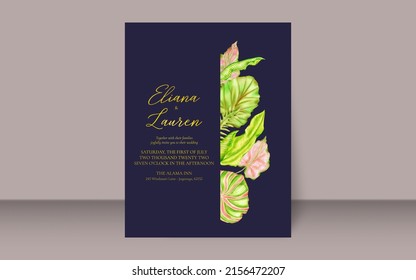 Wedding invitation card with tropical leaves frame