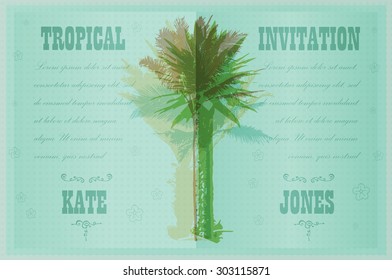 Wedding invitation card with tropical plants and flowers. Template with colorful palm trees for print and design uses. Summer background with trees.