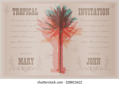 Wedding invitation card with tropical plants and flowers. Template with colorful palm trees for print and design uses. Summer background with trees.