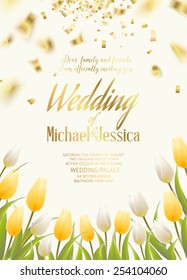 Wedding invitation card with tulip spring flowers bouquet for your card design. Vector illustration.