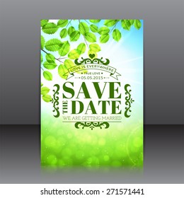 Wedding invitation card. The unusual Vector card with background of spring day with sunshine.Poster template for your business.