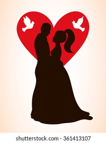 Wedding Invitation Card. Valentines Day Romantic Vintage Background With Couple in Love Silhouettes. Vector Illustration