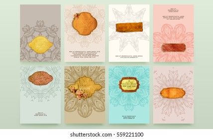wedding invitation card or Valentines day designs set with vintage ornamental elements, borders, dividers, headers and frame templates. Retro flowers
