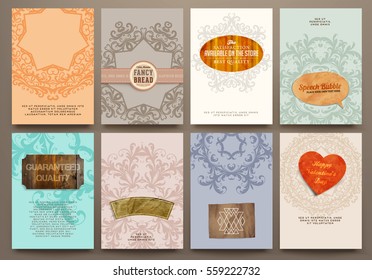 wedding invitation card or Valentines day designs set with vintage ornamental elements, borders, dividers, headers and frame templates. Retro flowers