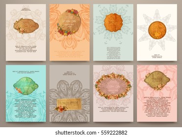 wedding invitation card or Valentines day designs set with vintage ornamental elements, borders, dividers, headers and frame templates. Retro flowers