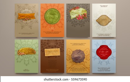 wedding invitation card or Valentines day designs set with vintage ornamental elements, borders, dividers, headers and frame templates. Retro flowers