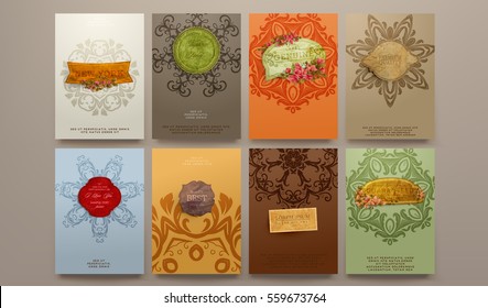 wedding invitation card or Valentines day designs set with vintage ornamental elements, borders, dividers, headers and frame templates. Retro flowers