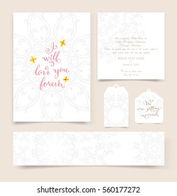 wedding invitation card or Valentines day designs set with vintage ornamental elements, borders, dividers, headers and frame templates. Retro flowers