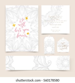 wedding invitation card or Valentines day designs set with vintage ornamental elements, borders, dividers, headers and frame templates. Retro flowers