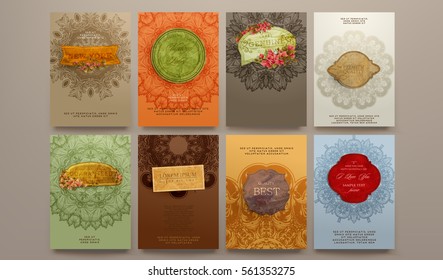 wedding invitation card or Valentines day designs set with vintage ornamental elements, borders, dividers, headers and frame templates. Retro flowers