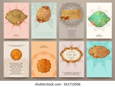 wedding invitation card or Valentines day designs set with vintage ornamental elements, borders, dividers, headers and frame templates. Retro flowers