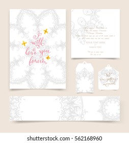 wedding invitation card or Valentines day designs set with vintage ornamental elements, borders, dividers, headers and frame templates. Retro flowers
