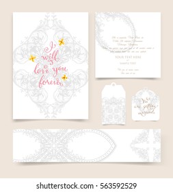 wedding invitation card or Valentines day designs set with vintage ornamental elements, borders, dividers, headers and frame templates. Retro flowers