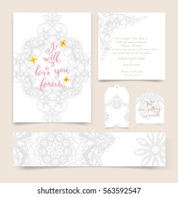wedding invitation card or Valentines day designs set with vintage ornamental elements, borders, dividers, headers and frame templates. Retro flowers